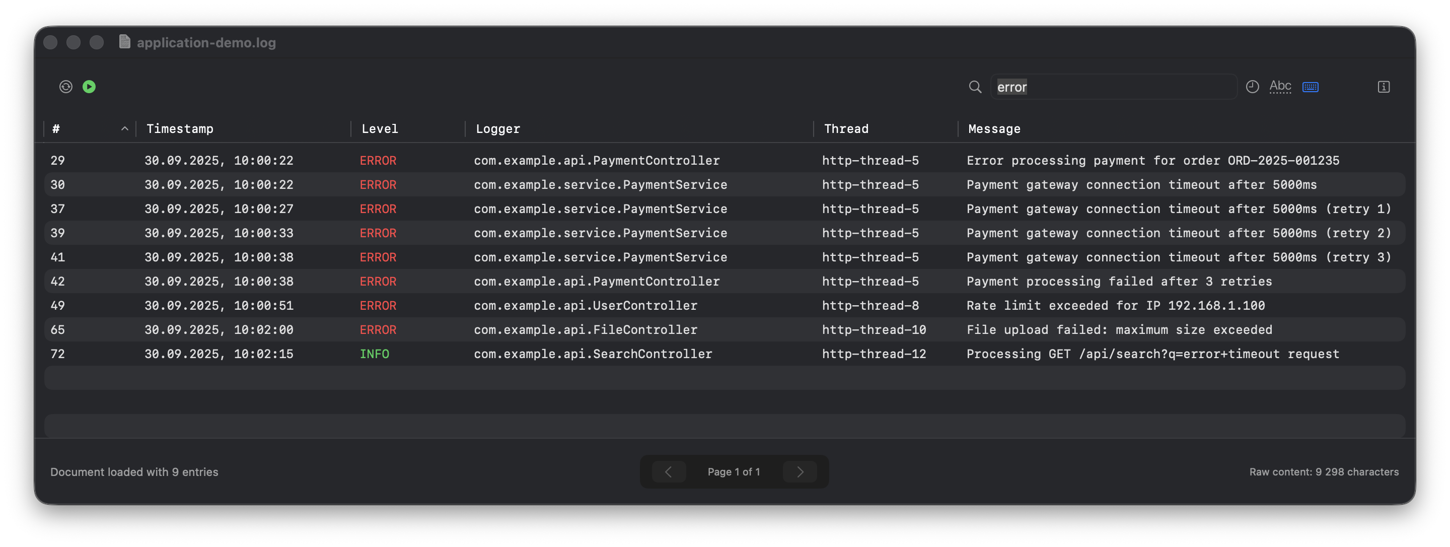Log4j Analyzer search functionality