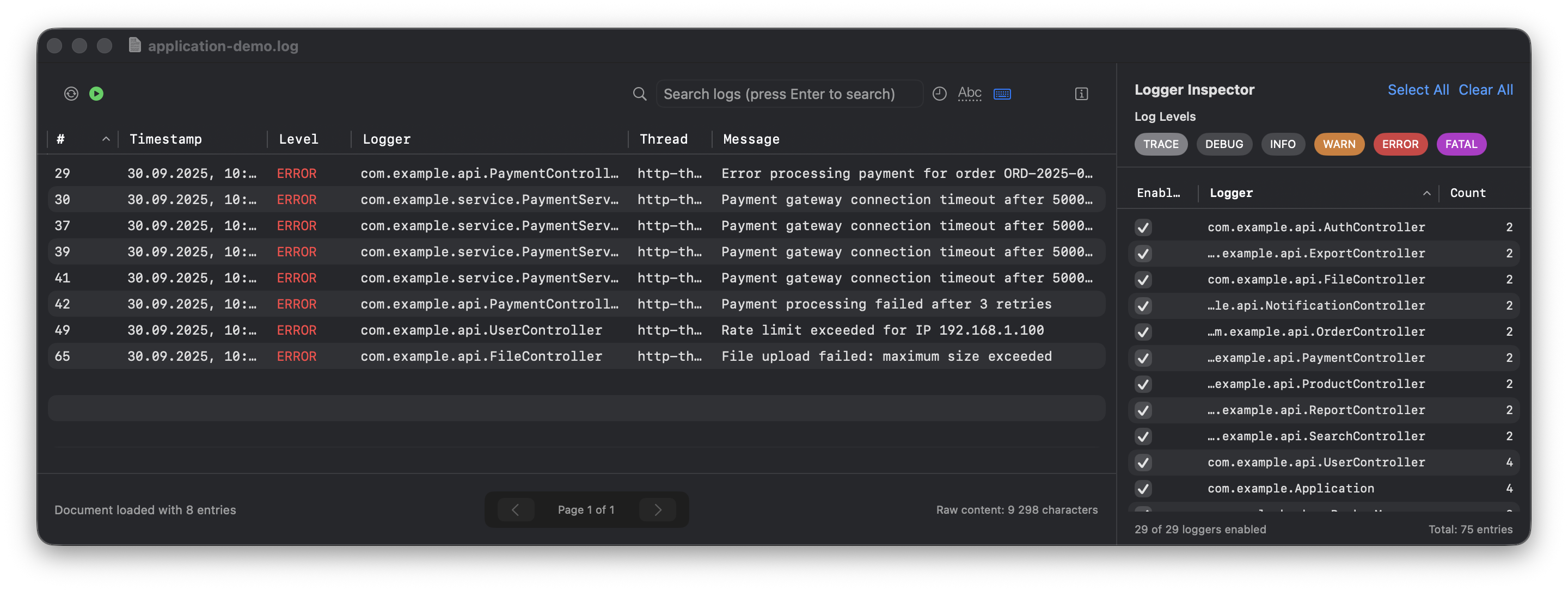 Log level filtering interface