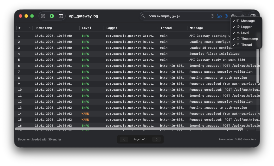 Search interface showing regex patterns and column-specific filtering