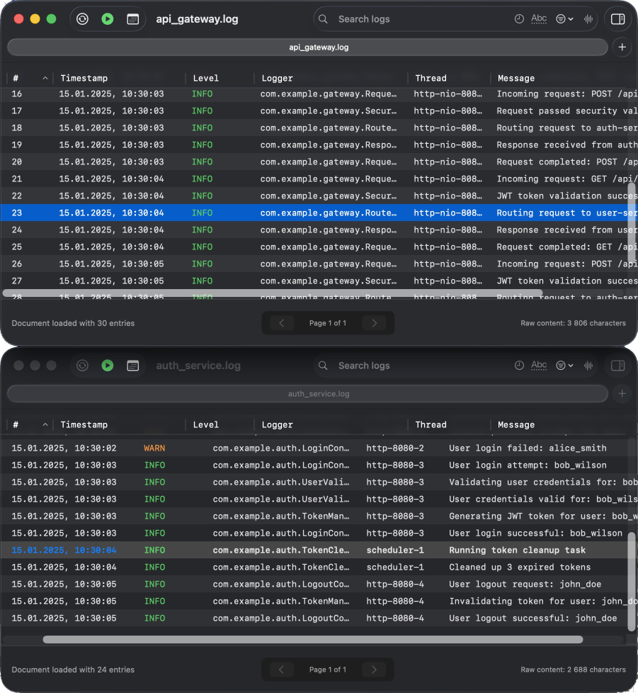 Multiple log windows synchronized by timestamp with visual highlighting